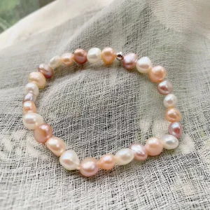 Bracelet élastique perle d'eau douce rose, blanc et violet