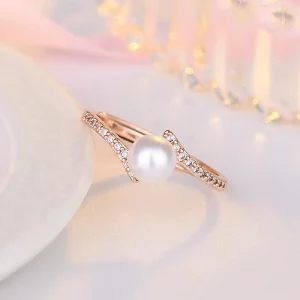 bague raffinée perle d'eau douce, anneau couleur or rose
