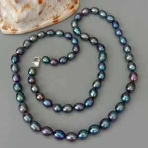 Long collier perle d'eau douce noire 10-12 mm