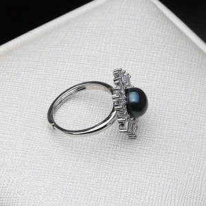 Bague fleurie perle d'eau douce noire 5-6 mm