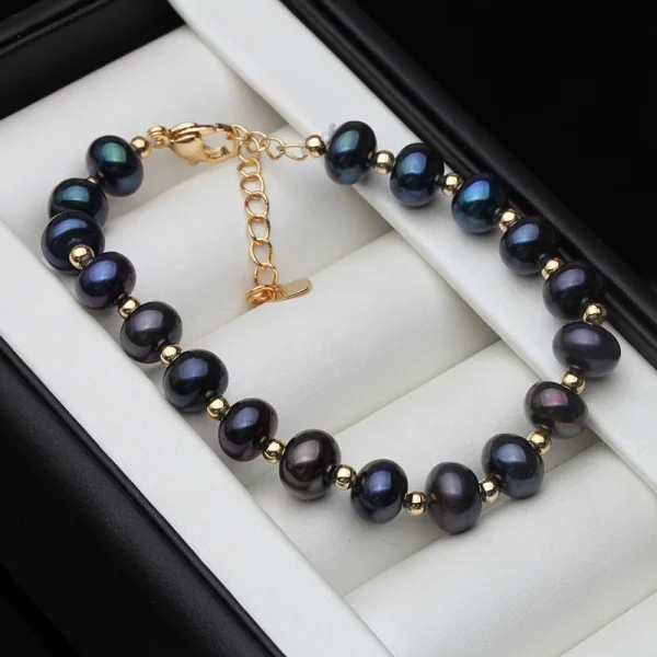 bracelet perle d'eau douce noire chaîne couleur or