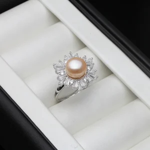 bague fleurie perle d'eau douce rose anneau couleur argent