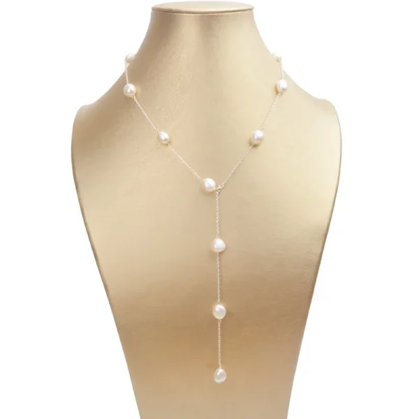Collier sautoir perle d'eau douce blanche chaîne argentée