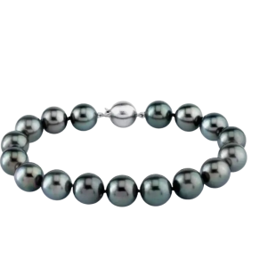 Bracelet en perles rondes noires authentiques de Tahiti 9-10 mm, couleur argent