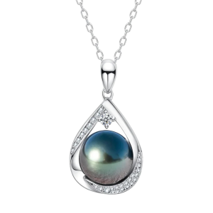 Collier argent avec pendentif en perle noire de Tahiti 12-13 mm et diamants moissanite, forme de goutte d'eau