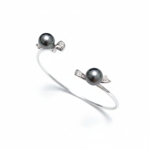 Bracelet jonc double rang de perles naturelles de Tahiti 9-10 mm, couleur argent