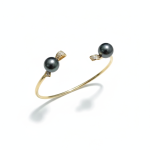 Bracelet jonc double rang de perles naturelles de Tahiti 9-10 mm, couleur or