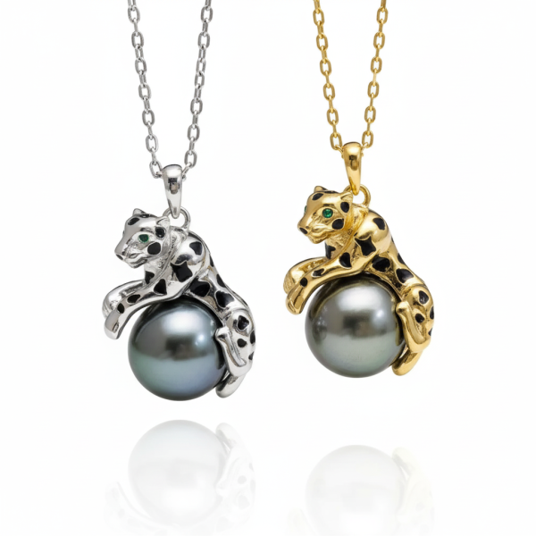 collier pendentif tête de léopard en perle ronde naturelle de Tahiti