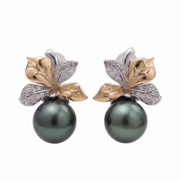 boucles d'oreilles feuilles perles noires Tahiti