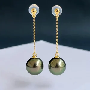 Boucles d'oreilles pendantes sur chaîne avec perles de Tahiti authentiques 9-10 mm