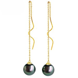 Longues boucles d'oreilles pendantes avec perles noires rondes de Tahiti 9-10 mm